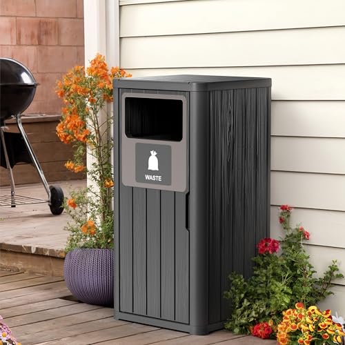 PatioZen Outdoor Single Barrel Trash Can,Waterproof Resin Garbage Can with Garbage Labels,Durable Waste Bin for Porch, Backyard,Kitchen,for 30 to 39 Gallon Trash Bags - color: Black, size: 16*16*35
