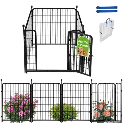 ADAVIN Tall Garden Fence with Gate, 48 in(H) 4 Panels Heavy Duty Iron Metal Fencing Border, Indoor or Outdoor Dog Playpen, Animal Barrier Fence, No Dig Fencing for Yard, Total 8.9 FT(L), Black - size: 4panels-48in(H)×8.9ft(L)
