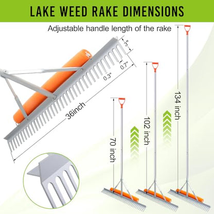 Floating Weed Lake Rake, 36 Inch Widths Pond Rake Aquatic Weed Rake, 133 Inch Extensible Multifunctional Folding Weeding Rakes, Aluminum Landscape Rakes with 49.2 FT Rope - style: 36 Inch Landscape Rake Set