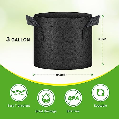 HealSmart 6-Pack 3 Gallon Nonwoven Grow Bags, Aeration Fabric Pots with Handles, Suitable for Garden Fruits, Vegetables and Flowers, Black - color: Black, 6 Pack, size: 3 Gallon