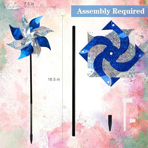 Hausse 10 Pack Reflective Pinwheels with Stakes (Assembly Required), Extra Sparkly Pin Wheel for Garden Decor, Bird Repellent Devices Deterrent to Scare Birds Away from Yard Patio Farm, Blue & Sliver - color: Blue & Silver