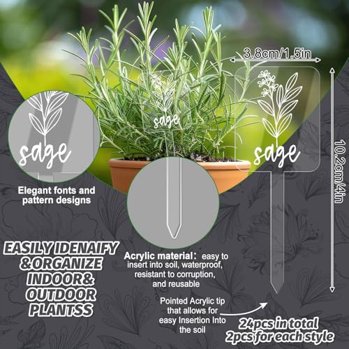 Whaline 24Pcs Acrylic Plant Label Signs 12 Styles Planted Herb Garden Markers Transparent Waterproof Plant Stake Tags with Herb Names for Nursery Indoor Outdoor Garden Decoration - color: Transparent