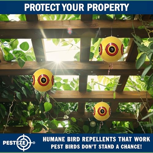 PESTEZE USA Large 15" Yellow Bird Predator Balloon Decoy 1 Pack Inflatable Bird Deterrent for Pools, Docks, Patios & Gardens; Humane Predator–Eye Balloon Keeps Away Pigeons, Woodpeckers, Ducks & Geese