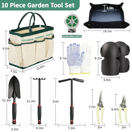 10PCS Gardening Tools Set, Heavy Duty Garden Hand Tool with Storage Bag Rust-Resistant Steel Built to Resist Bending Breaking Garden Essential Kit with Gardening Gifts for Women for Outdoor Planting