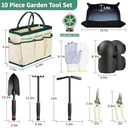 10PCS Gardening Tools Set, Heavy Duty Garden Hand Tool with Storage Bag Rust-Resistant Steel Built to Resist Bending Breaking Garden Essential Kit with Gardening Gifts for Women for Outdoor Planting