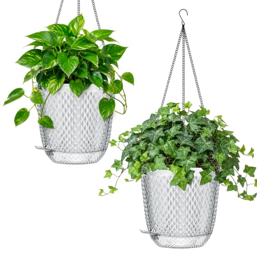 QCQHDU 7.2 Inch Self Watering Hanging Planters for Indoor Outdoor Plants,2 Pack Flower Pots Hanging Basket,Plastic Plant Hanger with Drainage Holes and 3 Hooks for Window Porch Garden Balcony, (Clear) - color: Clear, size: 7.2"+7.2"