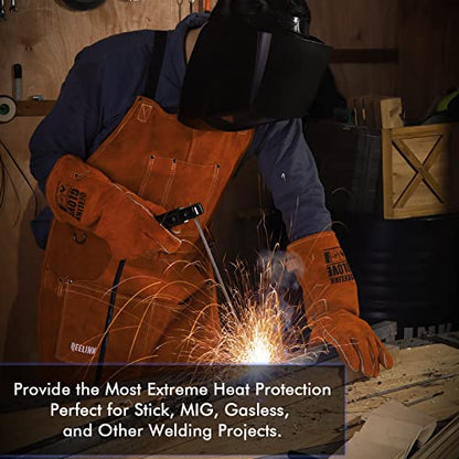 QeeLink Welding Gloves for Men - Fireproof Leather and Stitching - color: Brown (16-inch)