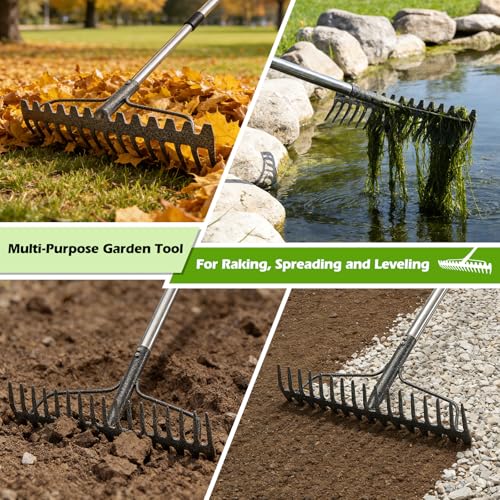 4FT Bow Rake,Heavy Duty Metal Garden Rake for Moving Gravel Loosening Soil Leveling Ground Gathering Leaf Debris Spreading Mulch, 17 Tines,Adjustable Handle, for Lawn Garden Farm Landscape Work - style: 49"