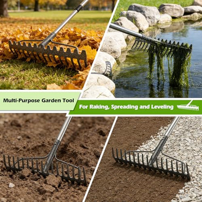 4FT Bow Rake,Heavy Duty Metal Garden Rake for Moving Gravel Loosening Soil Leveling Ground Gathering Leaf Debris Spreading Mulch, 17 Tines,Adjustable Handle, for Lawn Garden Farm Landscape Work - style: 49"