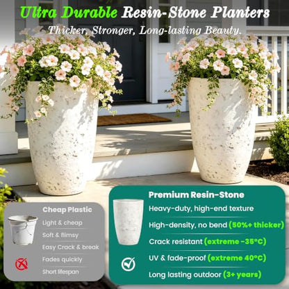 Autodaya 19.5" Resin Tall Planters for Outdoor Plants, Set of 2 Flower Pots - color: Country Round White-19.5"