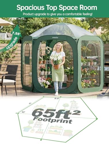 Porayhut Pop up Greenhouse Tent,Portable Large Walk-in Plant House 10’X10’ ,Indoor Outdoor Gardening Plant Sunshine Room with PVC Mesh Cloth Cover for Protecting Plant from Cold Frost & Birds - style: 90.6"Tall Green Greenhouse