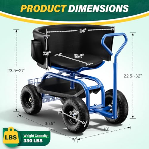 Garden Seat with Wheels, Rolling Garden Stool with Adjustable 360°Swivel Seat - color: Blue