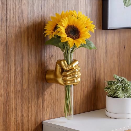 Gold Wall Sculptures, Hand Wall Vases Home Decor, Wall Mount Art Sculpture, Unique Wall Art Statue Vase Decor, Modern Hanging Vase for Living Rooms Decor,Hanging Test Tube Vase Statue(Gold)