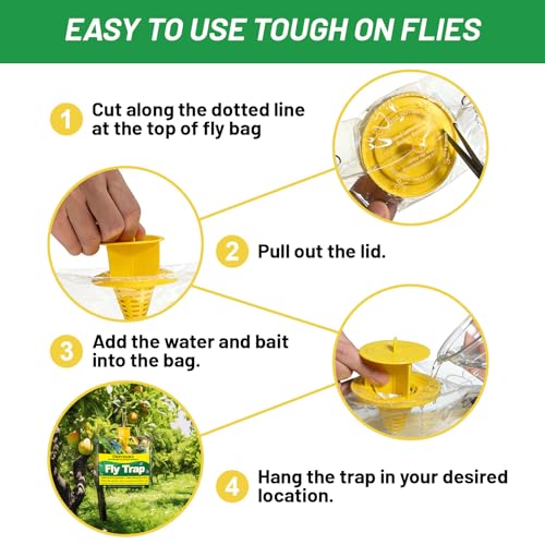 Fly Traps Outdoor with Food Bait, Disposable Flies Bags Outside, Hanging Flying Insect Control, Pest Killer Repellent, Bug Catchers Backyard, Patio, Ranch, Trash Can, 6 Pack