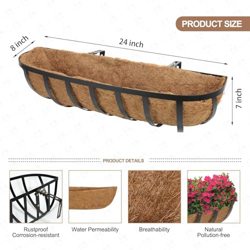Window Boxes Planters Railing Planter Box with Adjustable Brackets for Porch Fence Patio Balcony Hanging Flower Baskets with Coco Liners for Outdoor Garden Décor (24 Inch / 2 Packs) - size: 24 Inch / 2 Packs