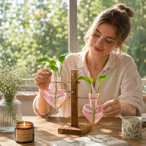 Nacome Plant Terrarium Propagation Stations: Pink Vase with Wooden Stand - color: Pink