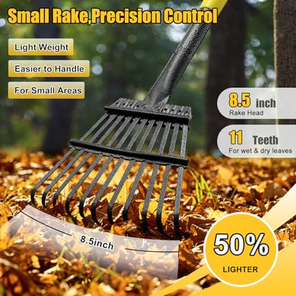 Leaf Rake: 8.5" Wide Heavy Duty Small Metal Garden Rake for Lawn Yard Garden Bed Leaves Debris Shrub Pine Needles Cleanup, 11 Metal Tines, Lightweight Kids Leaf Rakes, 72” Long Handle - style: 11 tines-6ft