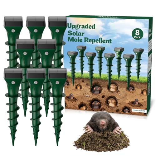 Mole Repellent Solar Powered, 8 Pack Gopher Repellent Ultrasonic for Lawns, IP65 Waterproof Mole Deterrent for Yard, Outdoor Pest Control for Groundhog, Vole, Armadillo, Chipmunk, Snake