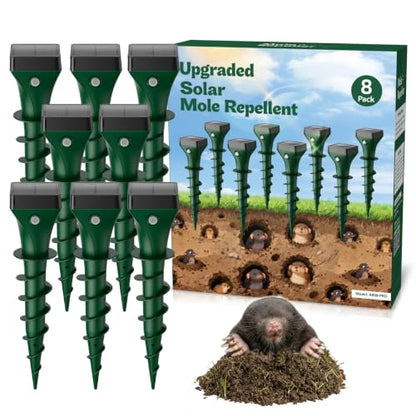 Mole Repellent Solar Powered, 8 Pack Gopher Repellent Ultrasonic for Lawns, IP65 Waterproof Mole Deterrent for Yard, Outdoor Pest Control for Groundhog, Vole, Armadillo, Chipmunk, Snake