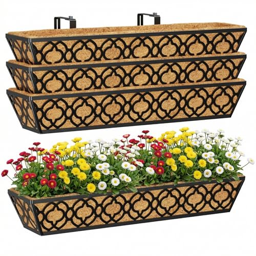 Y&M Deck Railing Planter Boxes 30 Inch 4 Pack, Adjustable Balcony Planter for Outdoor Plants, Metal Railing Planter Box for Deck, Fence and Porch, Window Boxes Outdoor, Sturdy Hanging Planter - size: Flower 30in 4P