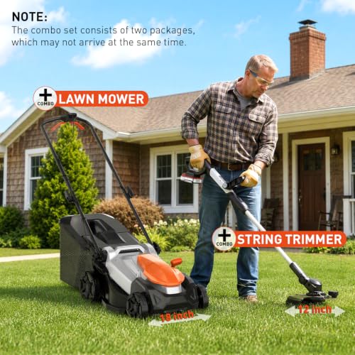 18 Inch Brushless Electric Lawn Mower and 12 Inch Trimmer Combo - color: 18'' Lawn Mower+Weed Wacker, size: 2*8.0Ah+2*2.0Ah