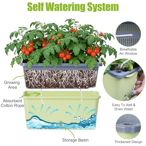 Oliz Window Box Planter 4 Packs, 14 Inches Rectangle Flower Pots with Breathable Drainage Holes, Pots for Vegetables, Herbs, Flowers, Garden Windowsill Balcony (Green & Grey) - color: Green & Grey