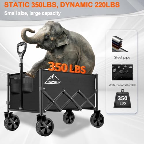 AMNOW 100L Collapsible Wagon Cart with All Terrain Wheels, 350LBS, Black - color: Black-6
