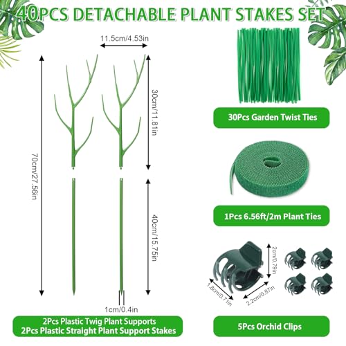 ROADPLUM 2 Pack 27.56" Detachable Twig Plant Support Stakes Set, Blends in to Plant, Branch Plant Sticks with Orchid Clips Twist Plant Ties, Twig Trellis for Indoor Outdoor Plants Potted Plants Flower - color: Green, size: 27.56" - 2 Pack