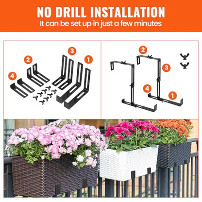 4 Pcs Adjustable Window Box Brackets, Universal Steel Hanging No Drill Planter Flower Box Brackets for Deck, Window Sill, Balcony, Fences, Patio - size: 4 Pcs