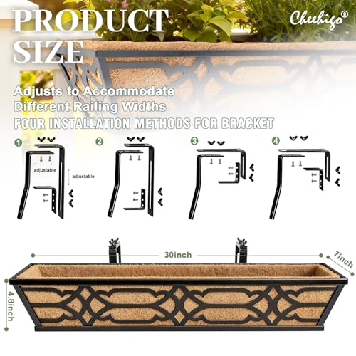 4 Pack 30 Inch Window Boxes Planters with Coco Liner, Large Metal Railing Planter Boxes for Deck, Heavy Duty Hanging Trough for Fence and Front Porch Garden Flower Display - size: 30 Inch