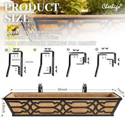 4 Pack 30 Inch Window Boxes Planters with Coco Liner, Large Metal Railing Planter Boxes for Deck, Heavy Duty Hanging Trough for Fence and Front Porch Garden Flower Display - size: 30 Inch