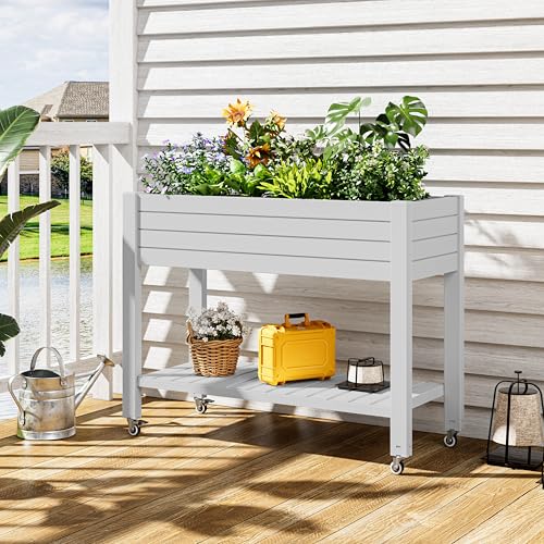 33.7" Tall Raised Garden Bed with Wheels, Divisible Resin Planter Box with Drainage Gauge & Storage Shelf, Herb Planter for Garden Patio Backyard, Medium Ashen (33.7" h) - color: Medium Ashen, size: 33.7"h
