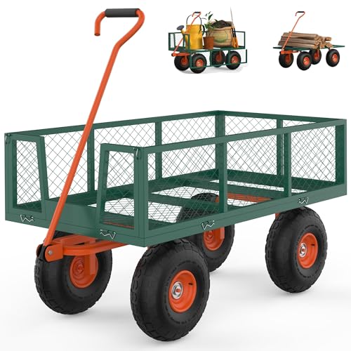 Heavy Duty Steel Garden Cart, 500 Lbs Capacity Utility Wagon with Removable Mesh Sides, 10" Pneumatic All-Terrain Tires & 180° Swivel Handle, Folding Flatbed Yard Cart for Garden, Lawn, Farm, Camping - color: Green Orange, size: 500 lbs