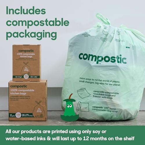Compostic Compostable 13 Gallon Trash Bags, 100 Ct, Extra Strong - size: 100 Count (Pack of 1), style: Tall 13 Gallon