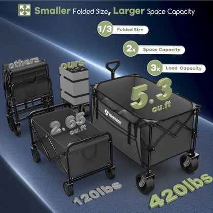 HIKEMOON 150L Collapsible Wagon Compact with Big Wheels, 420LBS Grey - color: Gray