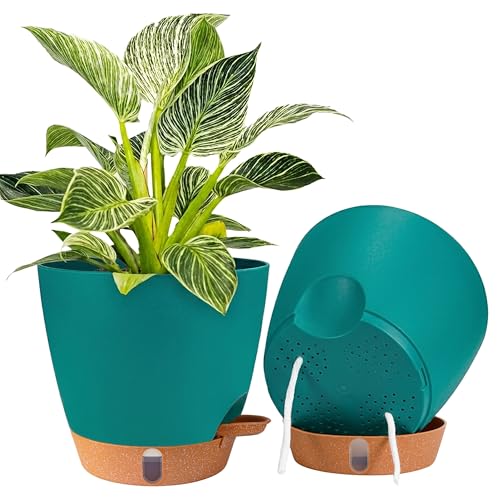 2 Pack 8 inch Plant Pots, Plastic Self Watering Planters - color: Turquoise, size: 8 inch
