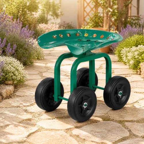 Garden Cart with Seat, Heavy-Duty Rolling Outdoor Wagon Scooter w/Height Adjustable & 360° Swivel Seat, Gardening Work Seat Stool, Patio Scooter on Wheels for Lawn Yard Planting (Green) - color: Green