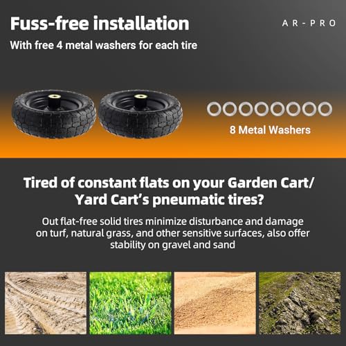 AR-PRO (2-Pack) 10" Flat Free Solid Tire and Wheel - with 5/8" Axle Bore Hole, 2.1" Offset Hub for 10 Inch Wheelbarrow Wheels - Compatible with Garden Cart,Trolleys,Hand Trucks and Yard Trailers - size: 10" Solid Tire (2-Wheel)