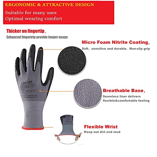 LOCCEF Safety Work Gloves MicroFoam Nitrile Coated-12 Pairs,Seamless Knit Nylon Gloves,Home Improvement,Micro-Foam Gloves - color: Grey-36 Pairs