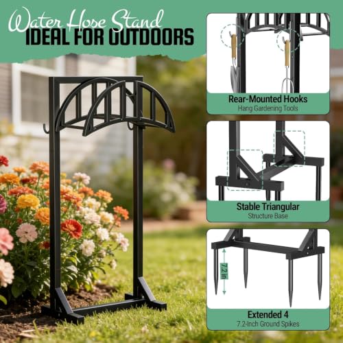 YQSLYSF Garden Hose Reel Holder, Water Hose Stand with 4 Stake and 2 Tool Hooks, Heavy-Duty Metal Hose Storage Holds 150Ft, Freestanding Hose Hanger Rack for Outside, Yard, Lawn, Farm（White） - color: Textured Black
