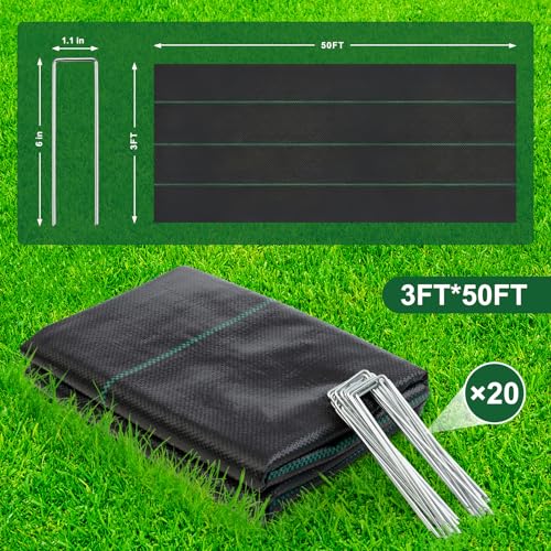 Weed Barrier Landscape Fabric 3FT x 50FT , with 20 U-Shaped Ground Stakes - size: 3FT*50FT
