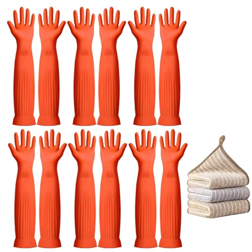 6-Pair 17.8-Inch Elbow - Length Reusable Rubber Waterproof Household Cleaning and Kitchen Dishwashing Gloves - size: Medium