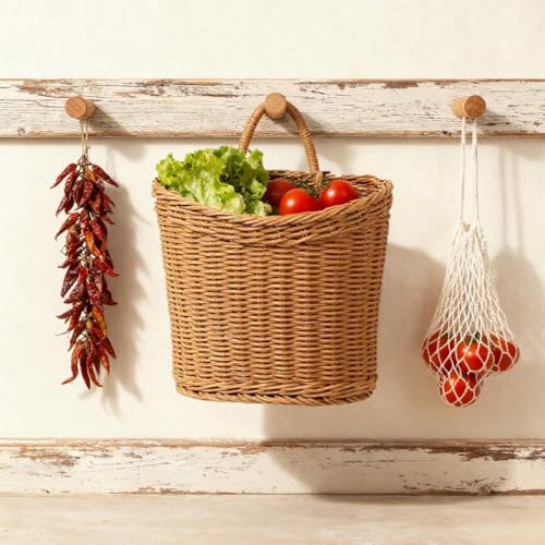 Woven Hanging Wicker Basket for Front Door, Handmade Rattan Hanging Wall Baskets for Garden Farmhouse Home