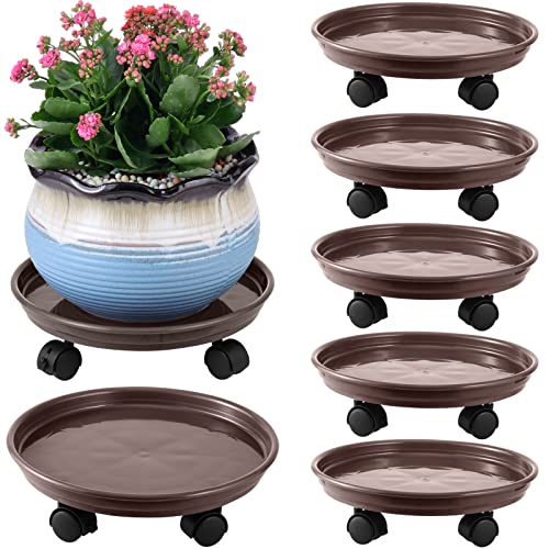6 Packs Plant Caddy with Wheels 12" Plastic Rolling Stands Heavy-Duty Dolly with Casters Indoor Outdoor Coaster, Brown - color: Coffee brown, size: 12" - 6 packs