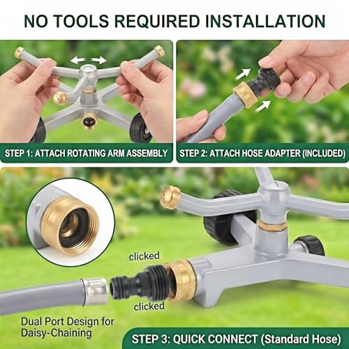 Ehajia 360° Rotating Lawn Sprinkler Heavy Duty Metal 3 Arm Wheeled Base - color: Silver