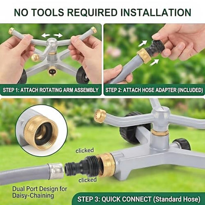 Ehajia 360° Rotating Lawn Sprinkler Heavy Duty Metal 3 Arm Wheeled Base - color: Silver