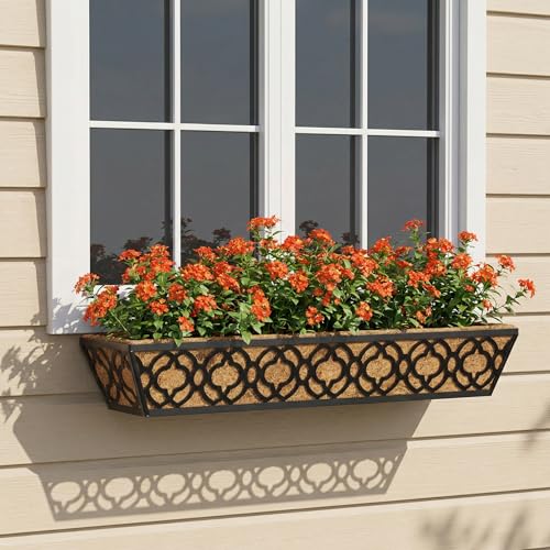 Y&M 4Pcs 30'' Railing Planter Box Set with Coconut Coir Liner, Flower Boxes with Adjustable Brackets, Large Metal Hanging Window Boxes for Fence, Deck, Balcony, and Outdoor Garden - size: Flower 30in 4P