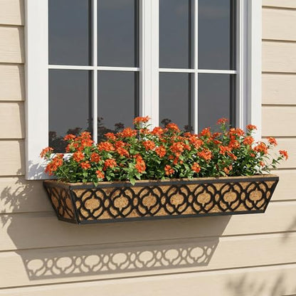 Y&M 4Pcs 30'' Railing Planter Box Set with Coconut Coir Liner, Flower Boxes with Adjustable Brackets, Large Metal Hanging Window Boxes for Fence, Deck, Balcony, and Outdoor Garden - size: Flower 30in 4P