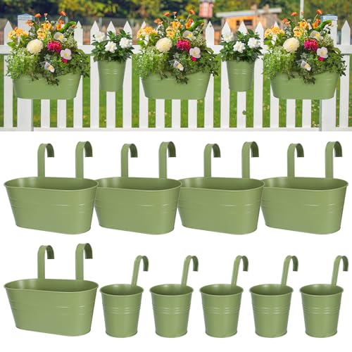 HowRU Metal Iron Flower Pots for Railing Fence Hanging Bucket Pots(5 Pcs) and Hanging Flower Pots Metal Iron Bucket Planter(10 Pcs) (Green) - color: Green