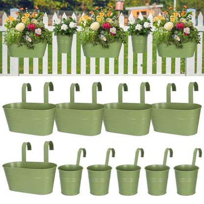HowRU Metal Iron Flower Pots for Railing Fence Hanging Bucket Pots(5 Pcs) and Hanging Flower Pots Metal Iron Bucket Planter(10 Pcs) (Green) - color: Green